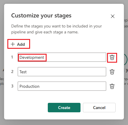 Captura de tela da caixa de diálogo de personalização do pipeline. As opções Adicionar e Excluir são destacadas, assim como o nome do estágio de desenvolvimento.