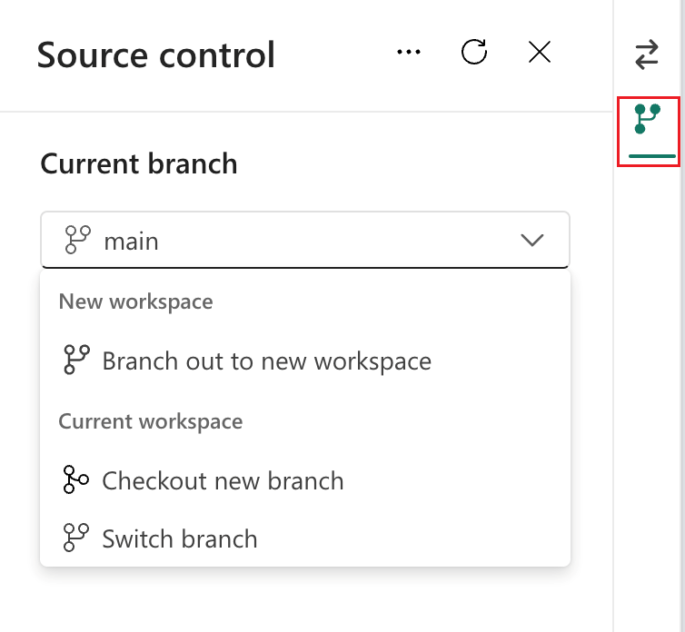 Captura de tela da guia de ramificação no painel de controle do código-fonte.