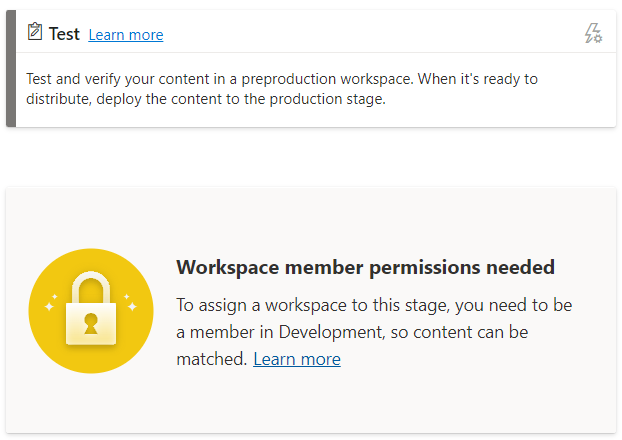 Captura de tela da mensagem de permissão de membro do workspace necessária no estágio de teste de um pipeline de implantação.