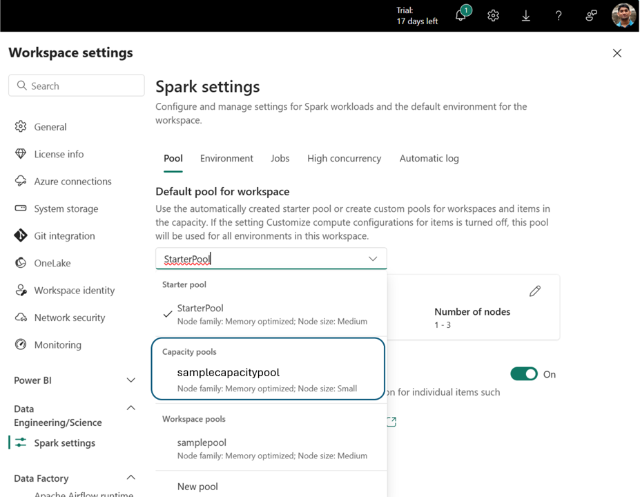 Captura de tela mostrando os pools de capacidade listados na lista Pool nas configurações do workspace.