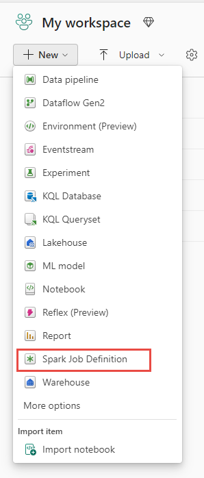 Captura de tela mostrando onde selecionar a definição de trabalho do Spark no menu Novo.