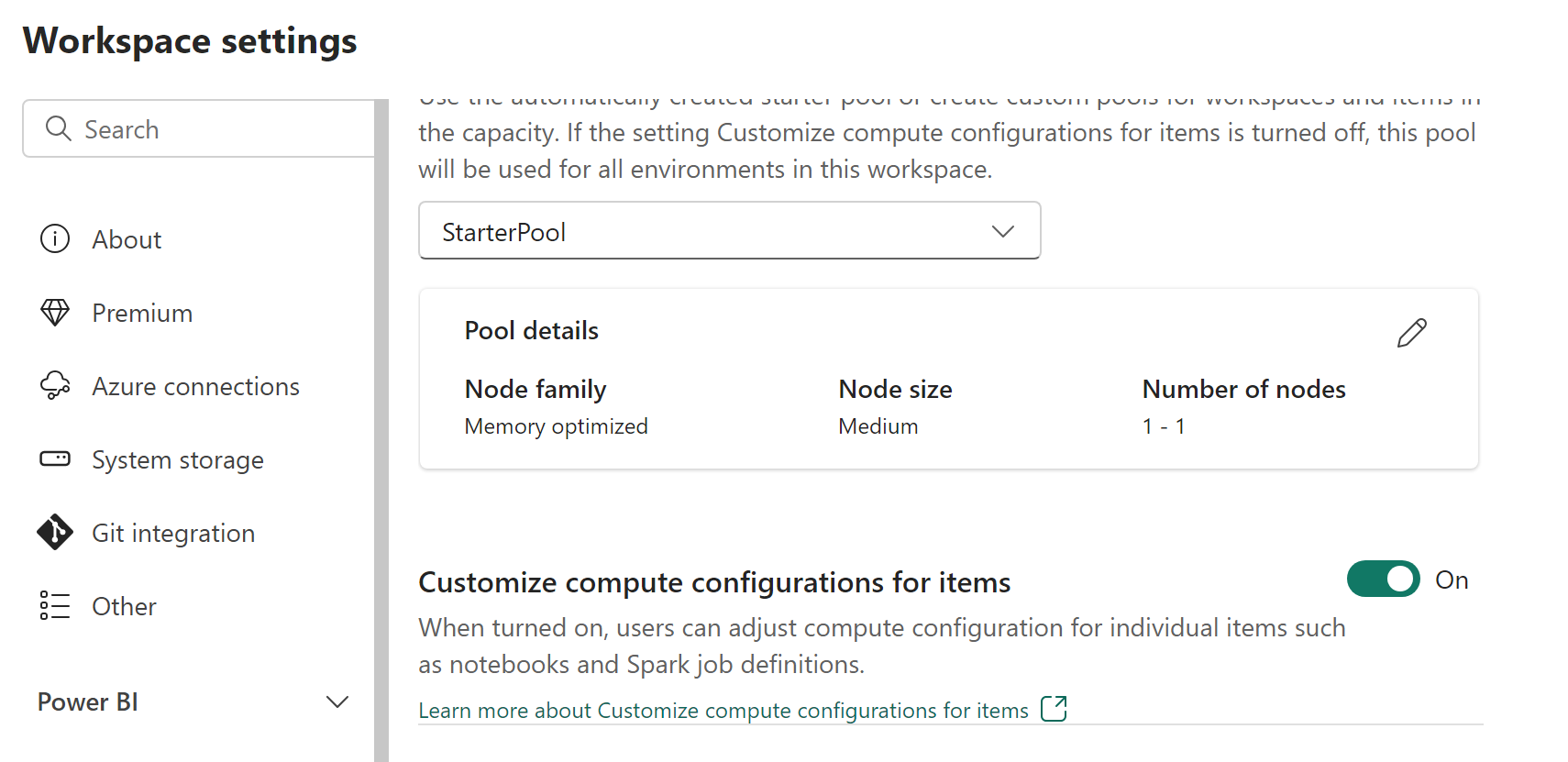 Captura de tela mostrando a opção de personalização de computação em nível de item nas configurações do espaço de trabalho.