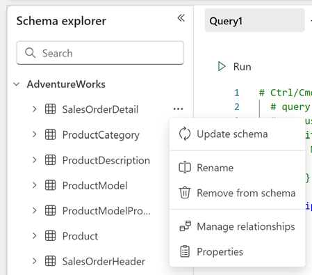 Captura de tela do Explorador de esquemas com as reticências selecionadas, mostrando as opções de menu disponíveis.