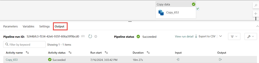 Captura de tela mostrando o status da atividade de pipeline de cópia.