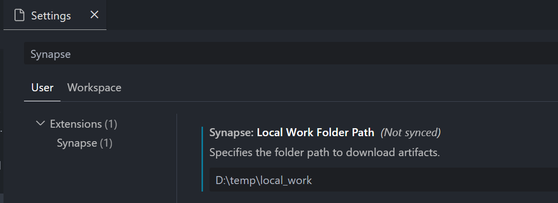 Captura de tela da tela de configurações, mostrando o diretório de trabalho do local selecionado.