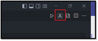 Captura de tela do canto superior direito da tela do editor de diferenças do VS Code, mostrando onde selecionar a opção Mesclar.