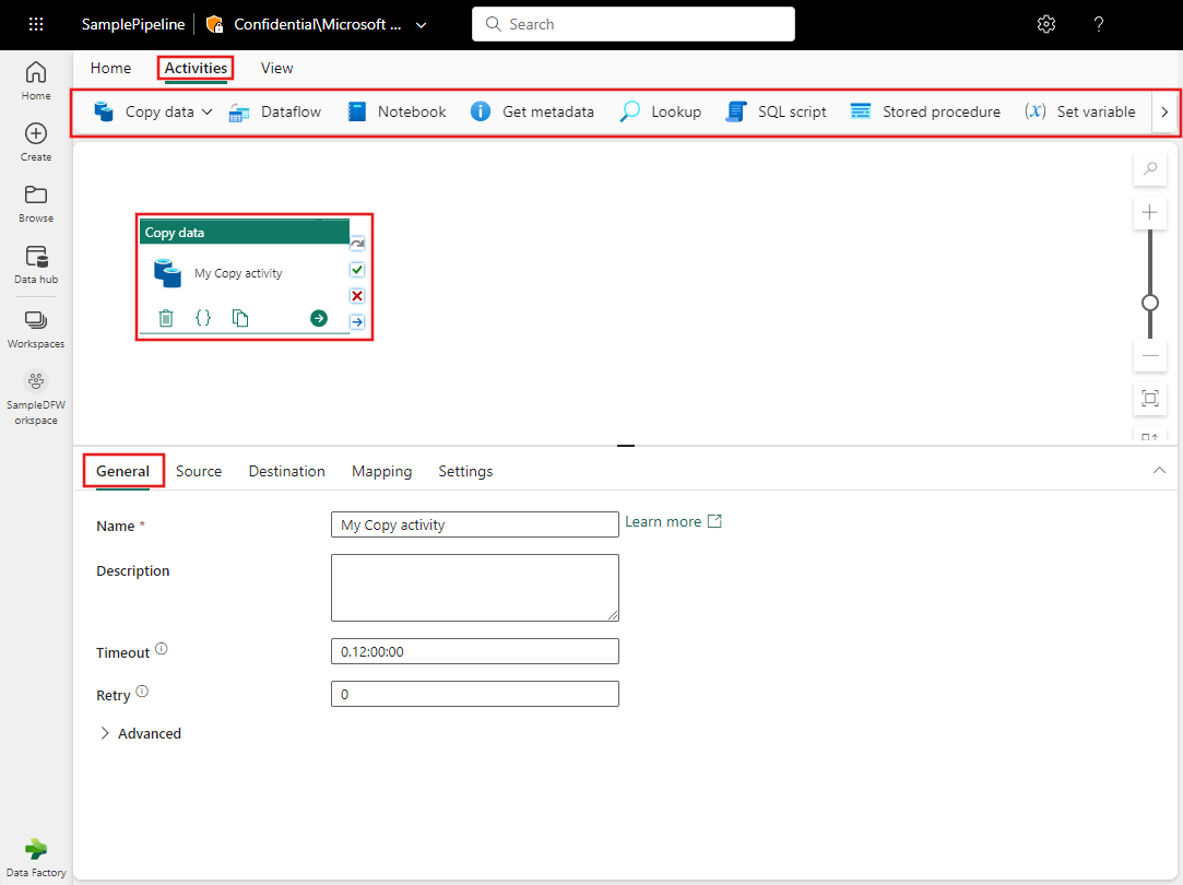 Captura de tela mostrando o editor de pipeline com a guia Activities, a barra de ferramentas, uma atividade de cópia e a guia Geral das suas propriedades, tudo destacado.