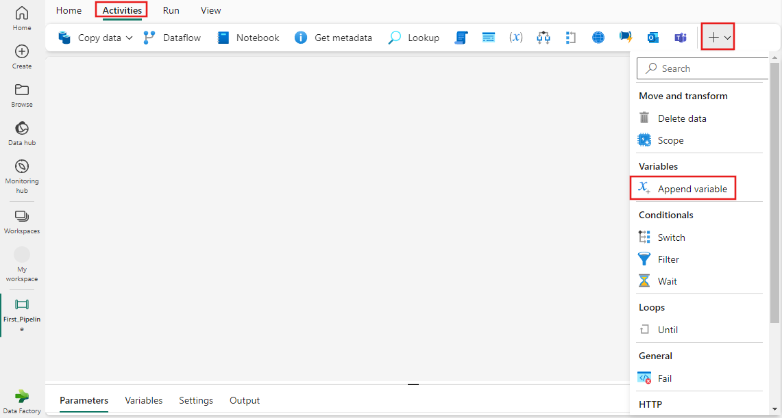 Screenshot showing the creation of a new array type variable to a pipeline.