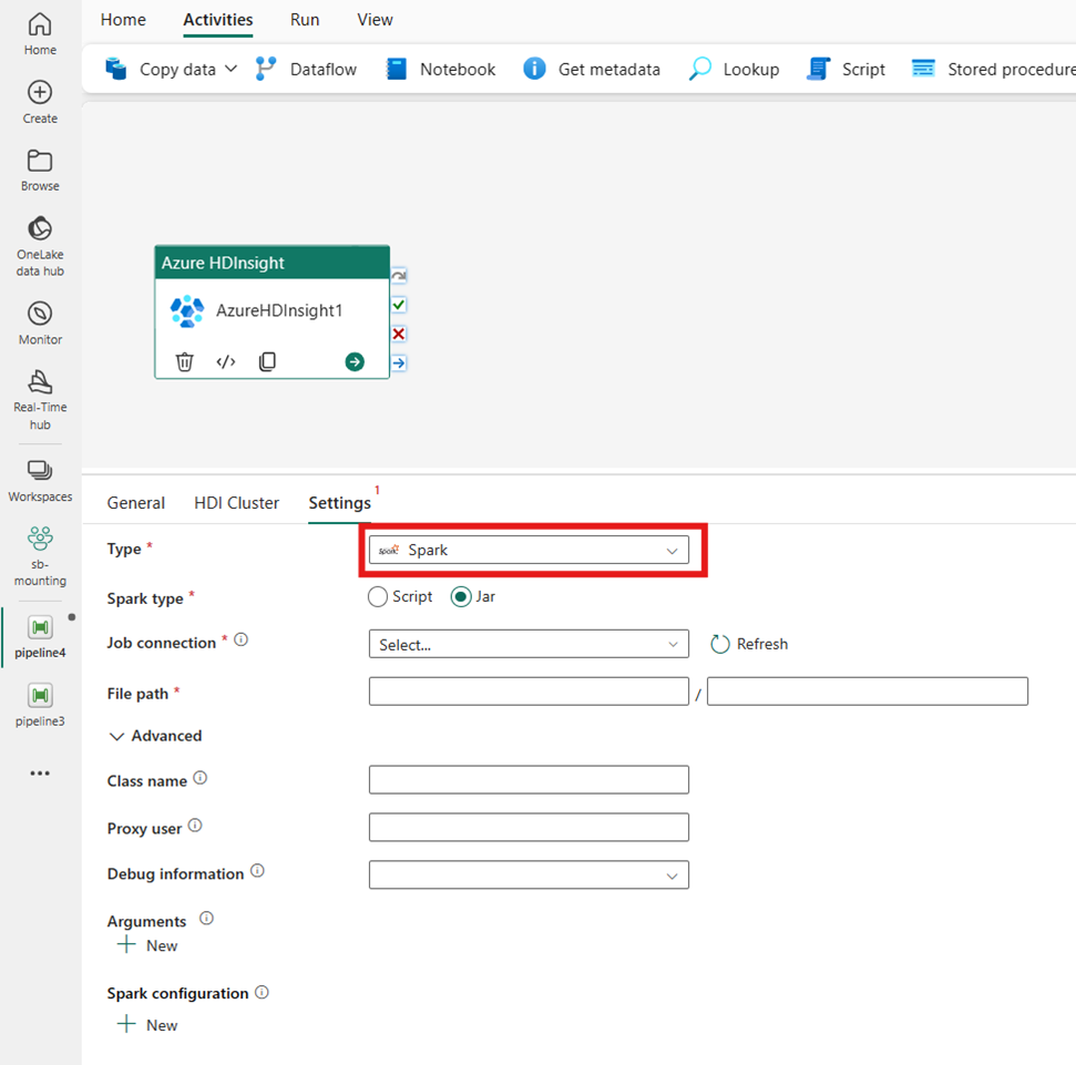 Captura de tela mostrando a seleção do tipo Spark para o cluster HDInsight.