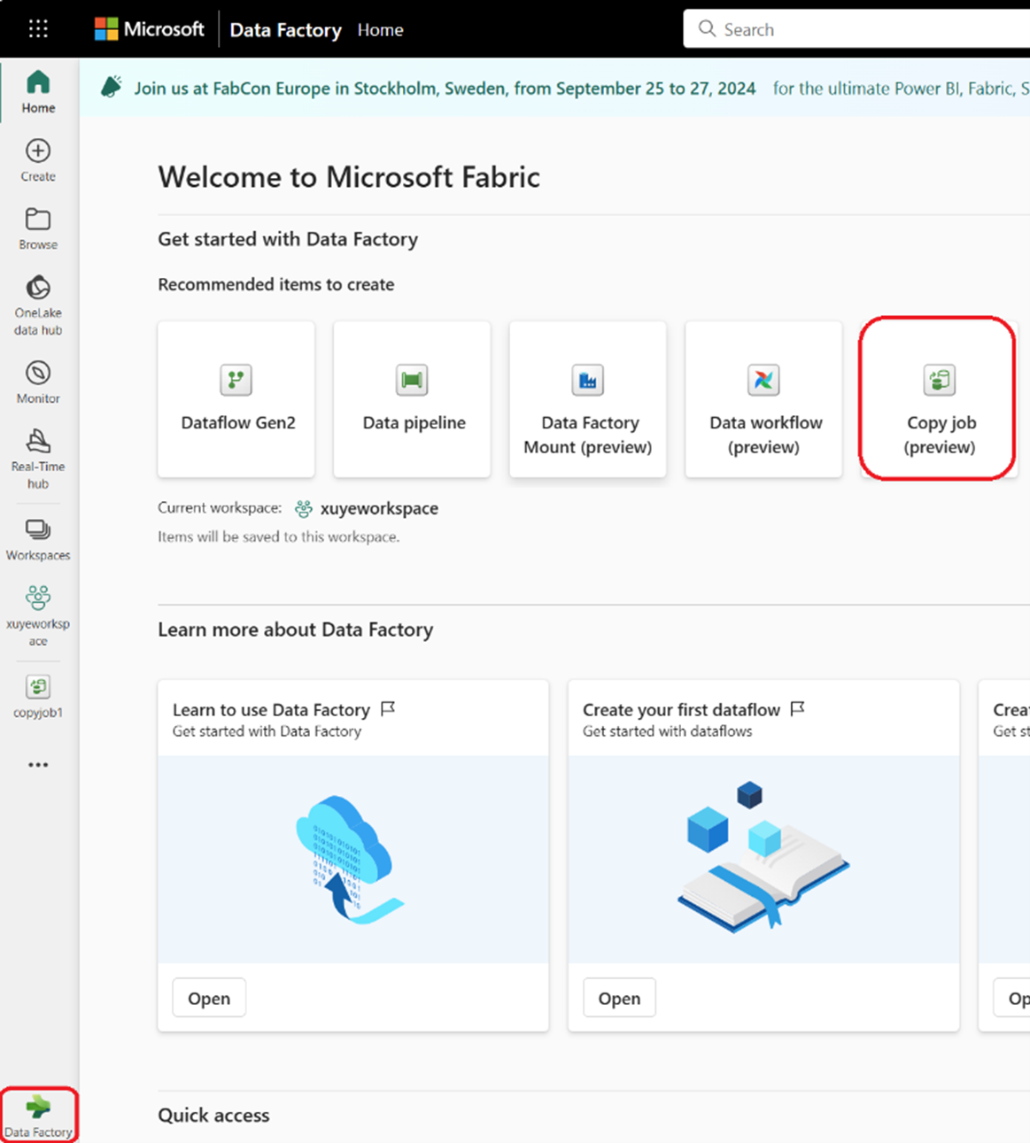 Captura de tela mostrando onde acessar a página inicial do Data Factory e criar um trabalho de cópia (versão prévia).