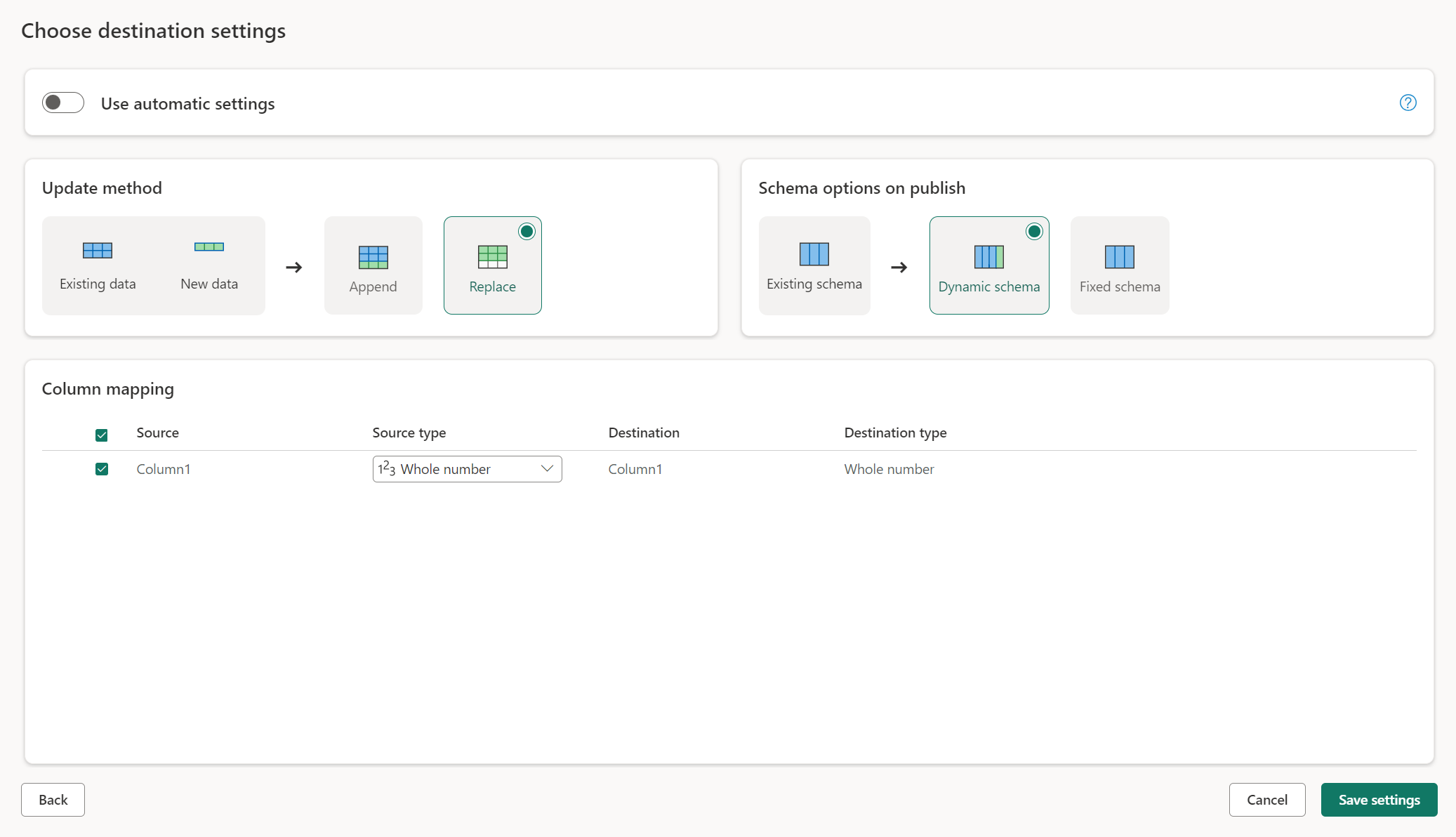 Captura de tela da janela Escolher configurações de destino com as opções Usar configurações automáticas desmarcadas e as várias configurações manuais exibidas.