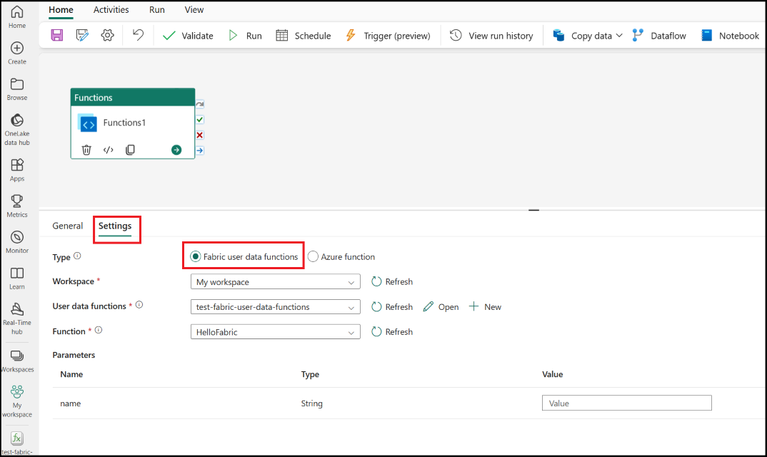 Captura de tela mostrando a guia Configurações da atividade de Funções de dados do usuário do Fabric.