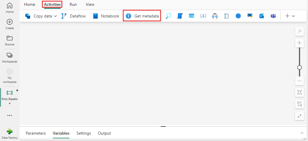 Captura de tela da IU do Fabric com o painel Activities e a atividade Lookup realçados.