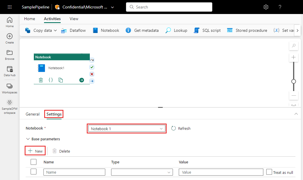 Captura de tela mostrando a guia Configurações gerais da atividade Notebook. Captura de tela mostrando a guia Configurações do notebook destacando a guia, onde escolher um notebook e onde adicionar parâmetros.