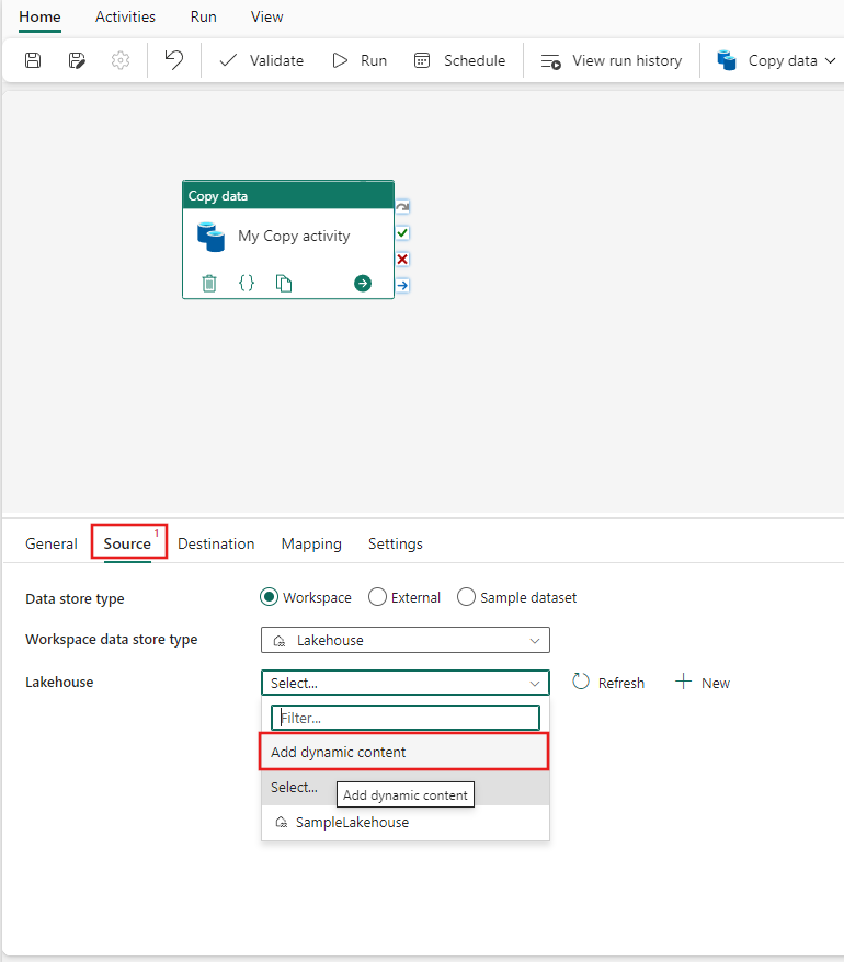 Screenshot showing the Source tab of a copy activity's property pages, highlighting the Add dynamic content option.