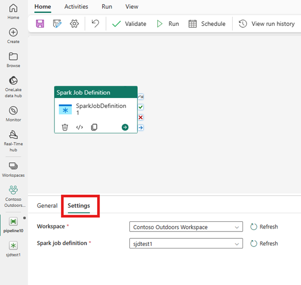 Captura de tela mostrando a guia Configurações das páginas de propriedades de definição de trabalho do Spark na janela do editor de pipeline.