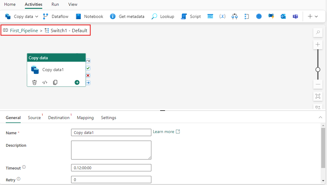 Screenshot showing the case activities editor pane for the default case with a sample Copy activity added to it.