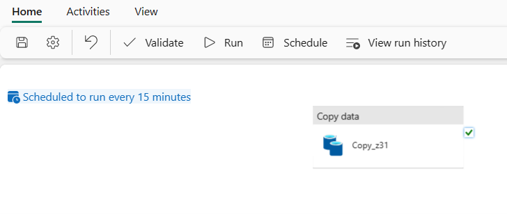 Captura de tela mostrando um pipeline com uma programação configurada para execução a cada 15 minutos.