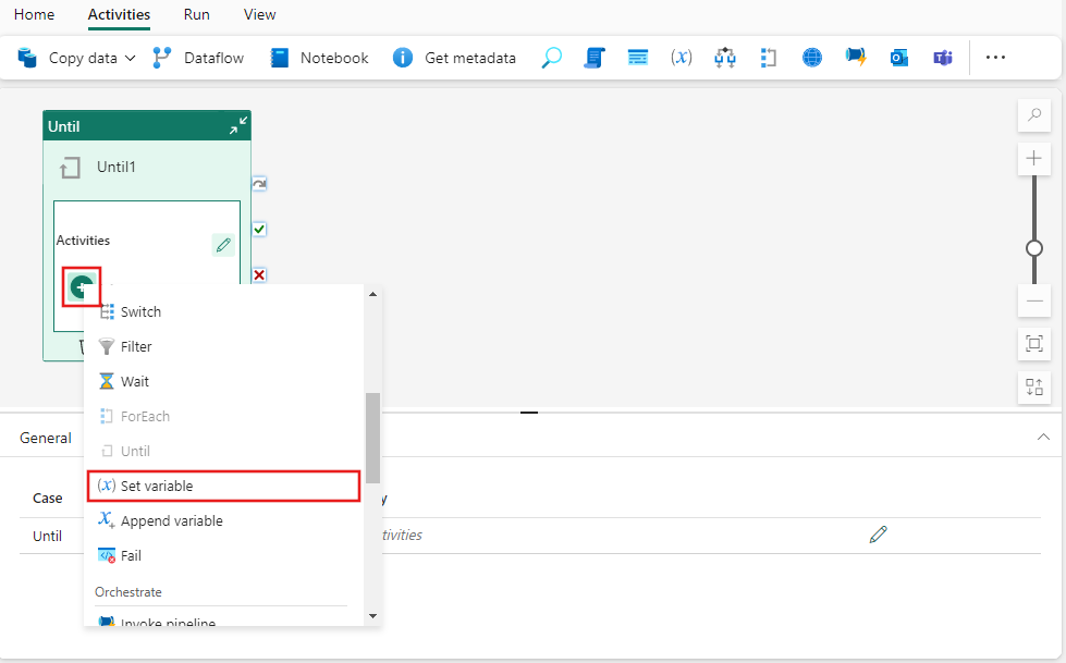 Screenshot showing the addition of the Set Variable activity to the Until activity's child activity list.