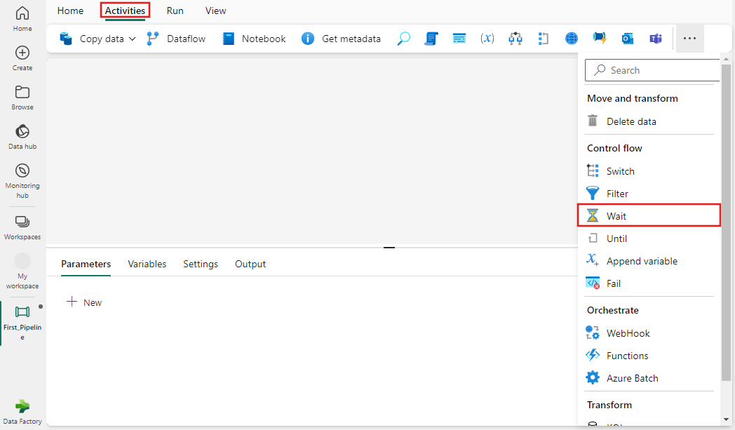 Screenshot of the Fabric UI with the Activities pane and Wait activity highlighted.