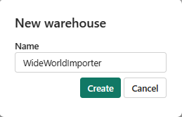 Captura de tela da caixa de diálogo Novo warehouse mostrando onde inserir um nome de depósito, definir a Confidencialidade e selecionar Criar.