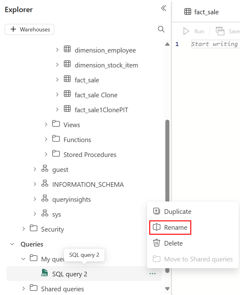 Captura de tela do painel Explorer, mostrando onde clicar com o botão direito do mouse no nome da tabela e selecionar Renomear.