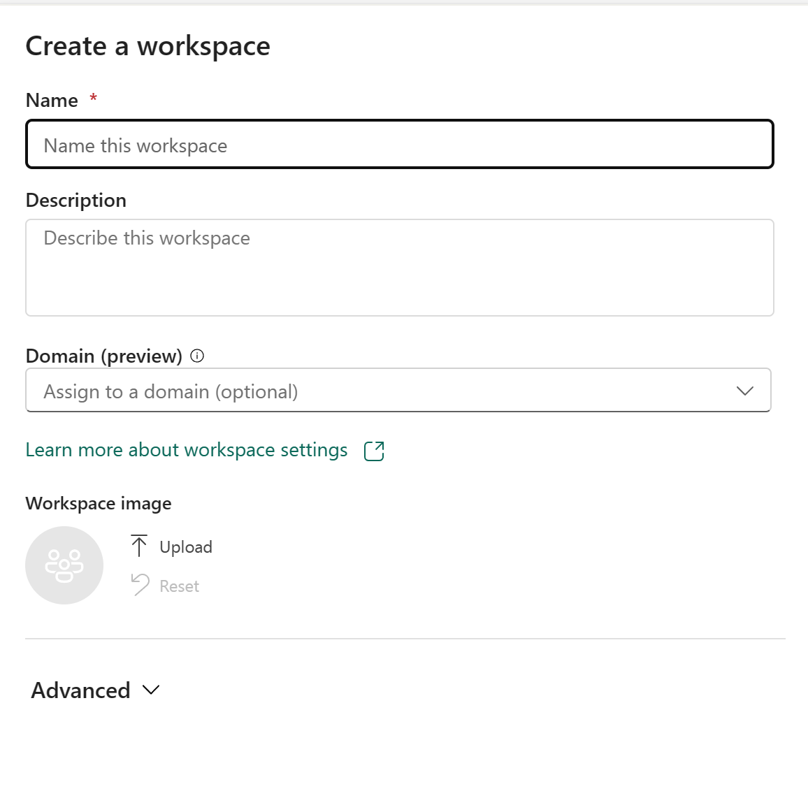 Captura de tela do painel lateral Criar um workspace.