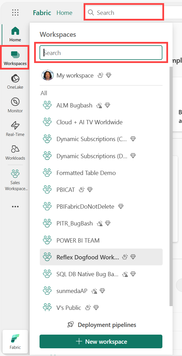 Captura de tela mostrando a lista de workspaces com contornos vermelhos nos campos de Pesquisa e no ícone Workspace.