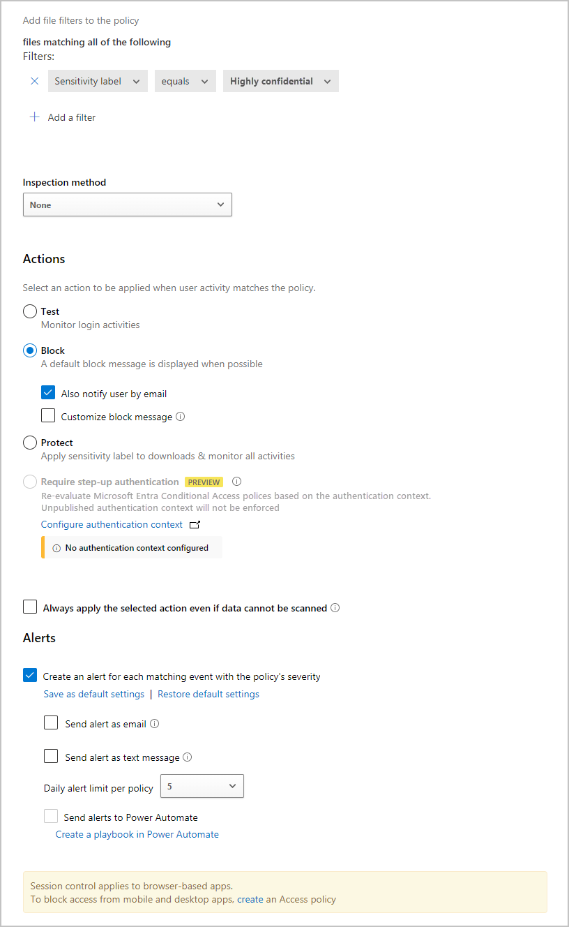 Captura de tela da janela do Defender para Cloud App Security mostrando as opções de configuração de política expandida.