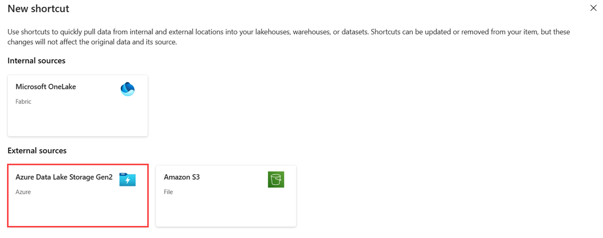 Captura de tela da janela Novo atalho mostrando os dois métodos para criar um atalho. A opção intitulada Azure Data Lake Storage Gen2 está destacada.