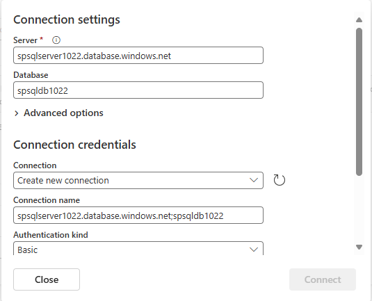 Captura de tela mostrando a seção Configurações de conexão da página Nova conexão.