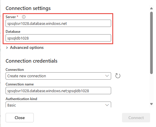 Captura de tela mostrando a seção Configurações de conexão da página Nova conexão.