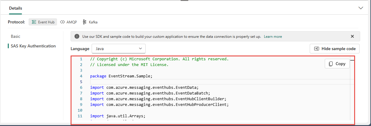 Captura de tela mostrando a amostra de código do painel Detalhes do modo de exibição ao vivo do eventstream.