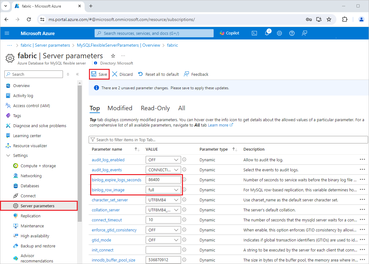 Uma captura de tela das configurações do log binário para duplicação em Parâmetros do servidor.