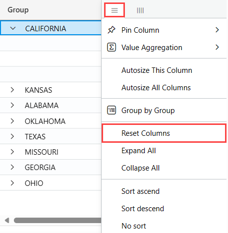 Captura de tela da configuração de redefinição de colunas realçada no menu suspenso de coluna.