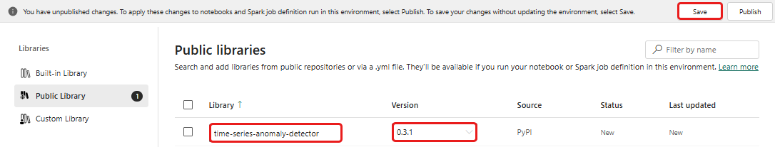 Captura de tela da adição do pacote PyPI ao ambiente do Spark.