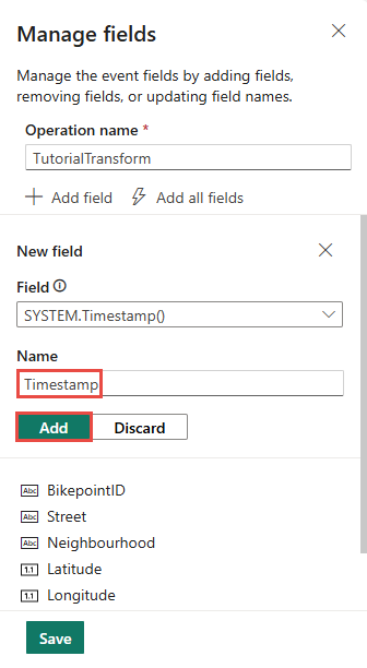 Captura de tela mostrando o carimbo de data/hora do sistema selecionado no bloco de gerenciamento de campos do Eventstream em Inteligência em Tempo Real.