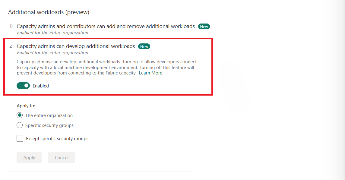 Captura de tela do tenant switch de desenvolvimento de cargas de trabalho.