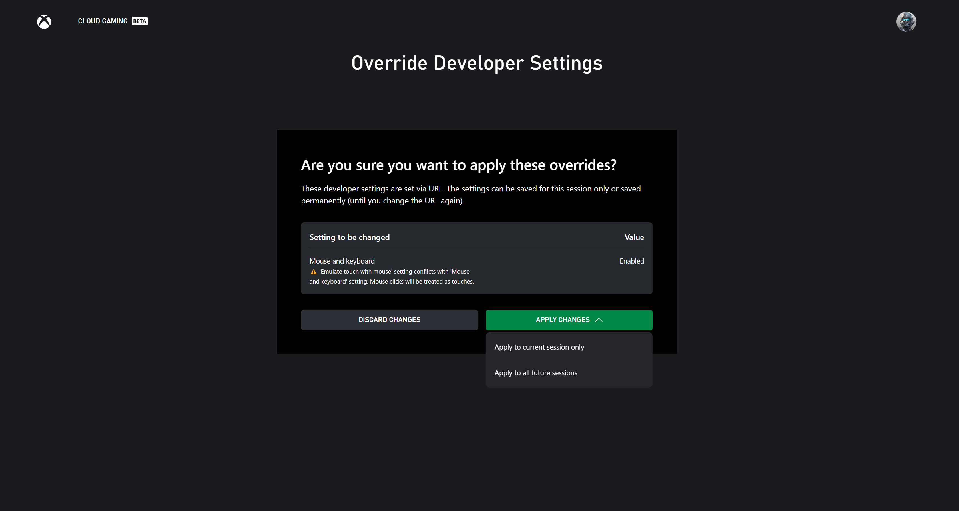 Screenshot of override stream configuration