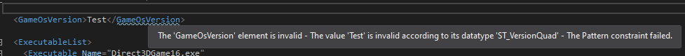 Example of IntelliSense with MicrosoftGame.config: Warnings are present when an invalid element or invalid element value is present