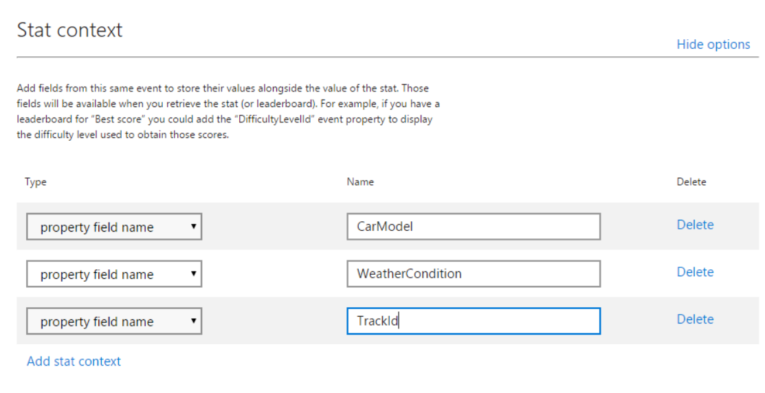 Screenshot of a Stat context UI with stat context names of CarModel, WeatherCondition, and TrackId.