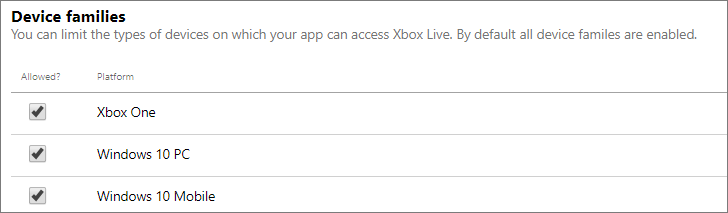 Image of the selection check boxes to select the device families in Partner Center