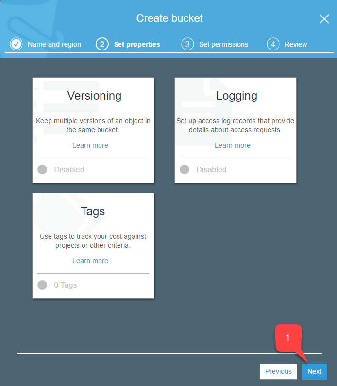 Amazon S3 - Create bucket - add versioning