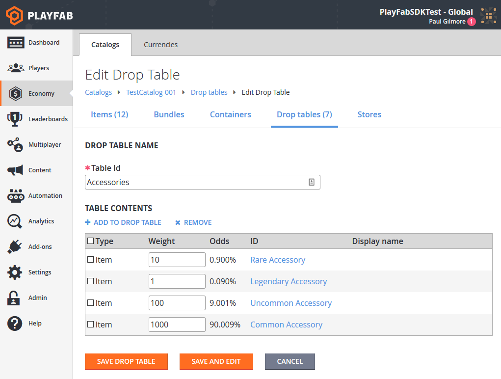 Game Manager - Drop Table - Edit Accessories