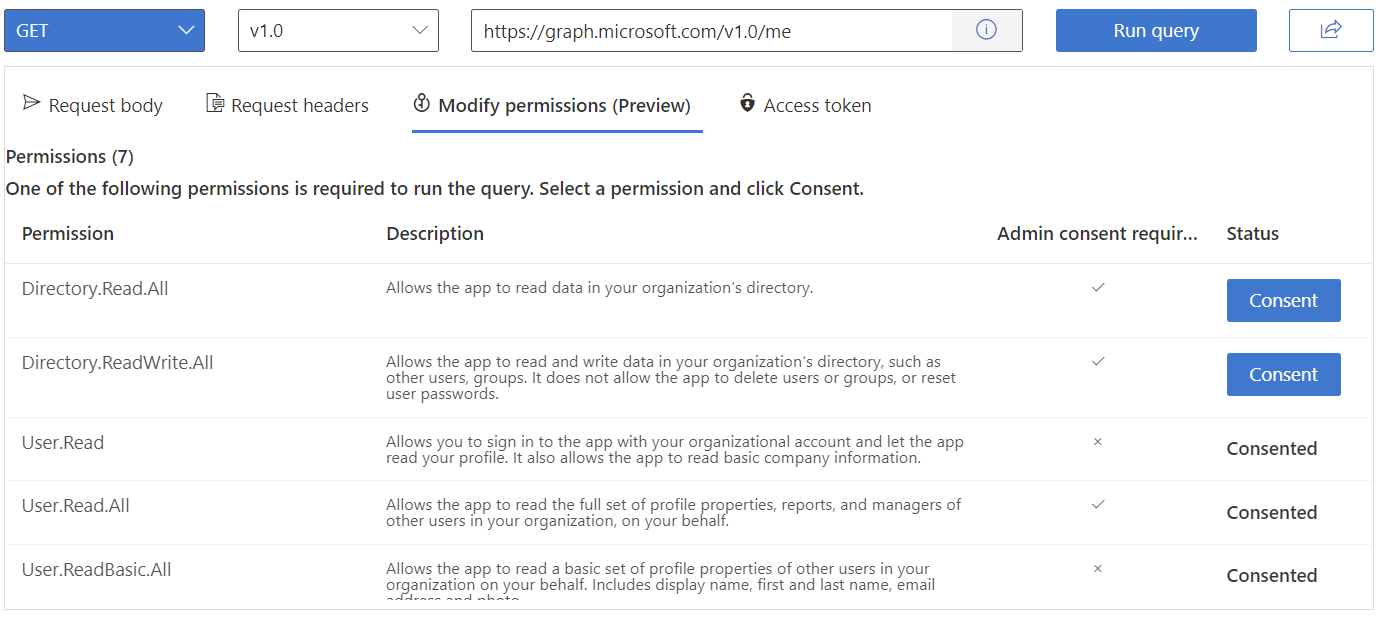 Captura de tela do Explorador do Graph com as etapas de consentimento para permissões realçadas