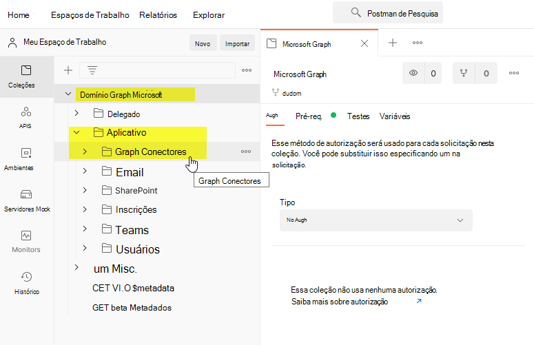 Captura de tela da seção Meu Espaço de Trabalho no Postman, mostrando a coleção Microsoft Graph bifurcada