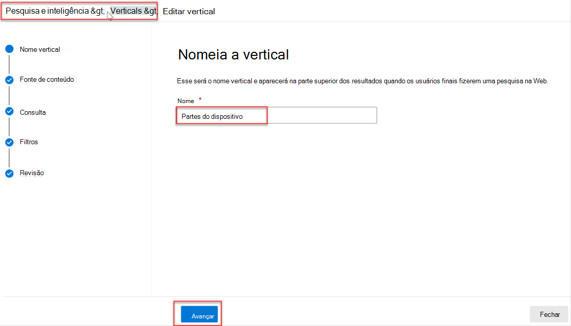 Captura de ecrã a mostrar a secção Atribuir um nome à secção vertical