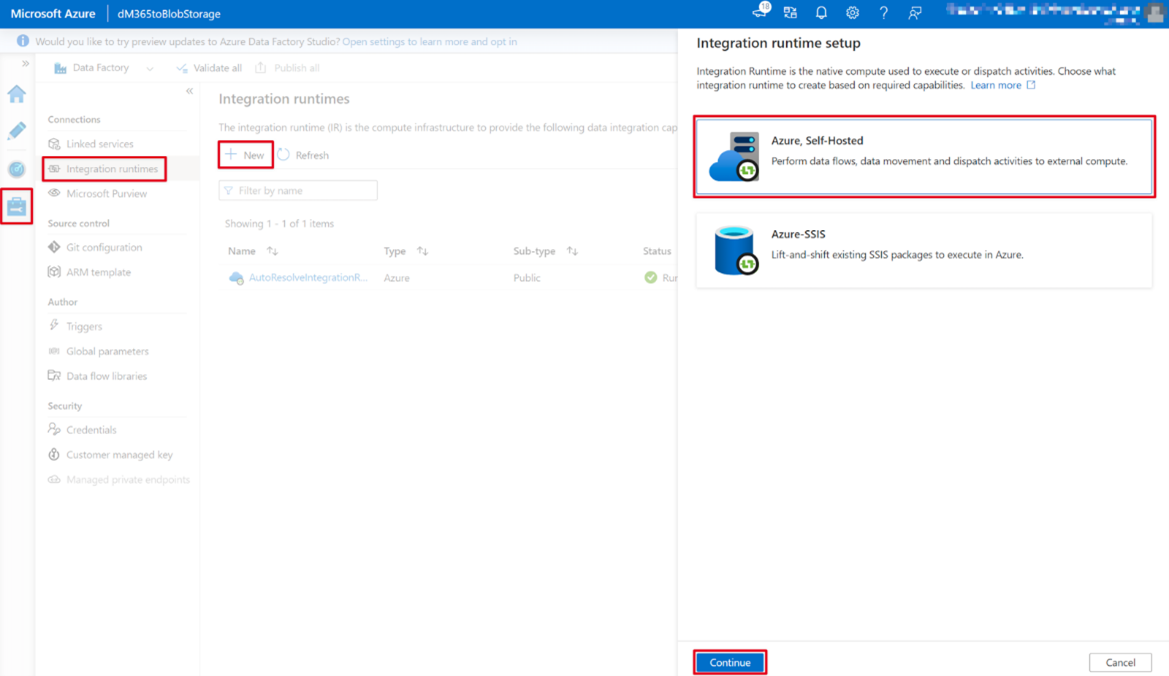 Captura de ecrã da página do serviço Data Factory do portal do Azure com o Azure autoalojado selecionado.