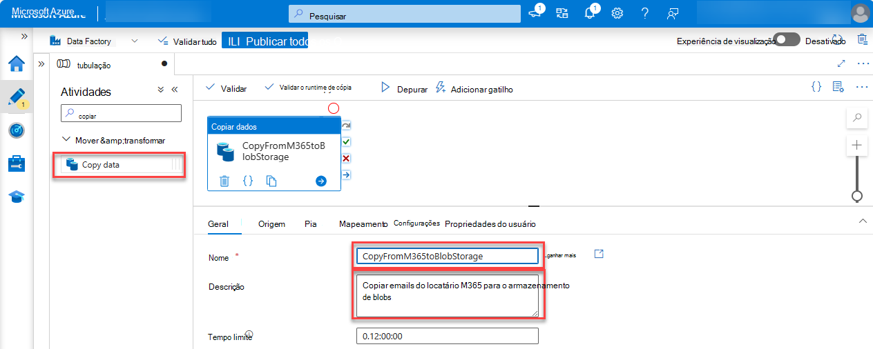 Captura de ecrã da página do serviço Data Factory do portal do Azure com os campos Copiar dados, Nome e Descrição realçados.