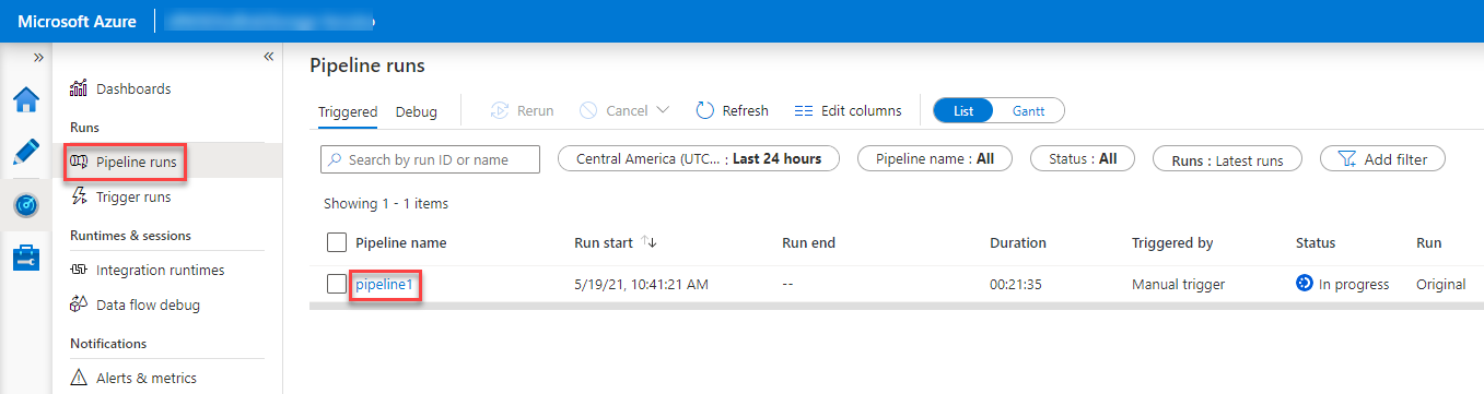 Uma captura de ecrã da página Execuções do pipeline do portal do Azure com o pipeline1 realçado.